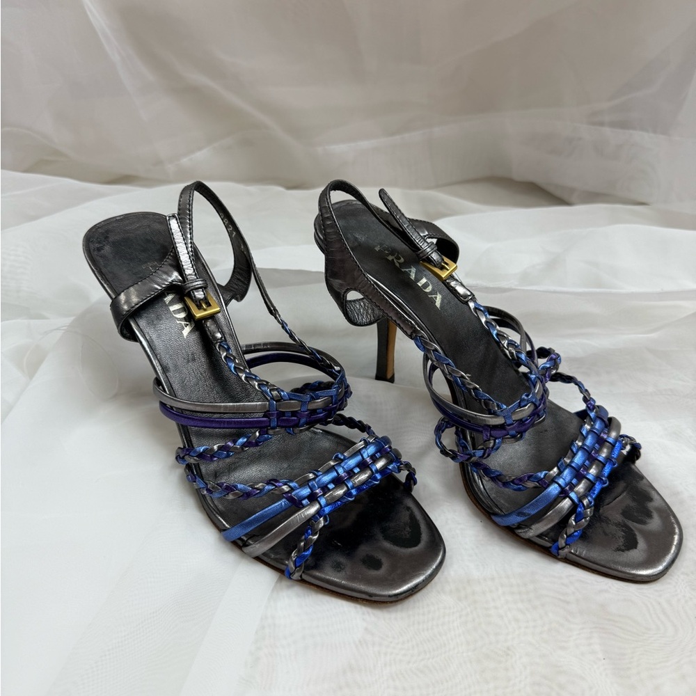 PRADA BRAID STRAPPY OPEN TOE HEELS SIZE 36 BLUE SILVER PURPLE - Picture 2 of 6